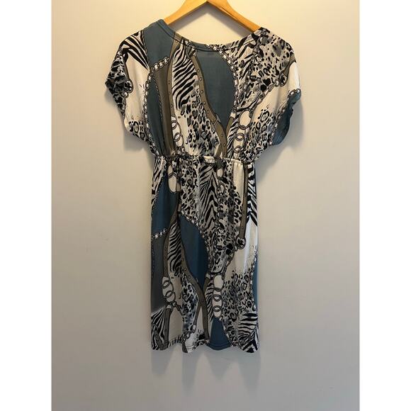 Short Sleeve V-Neck Tunic Dress Silver Blue Zebra Size Small JL - Picture 5 of 8